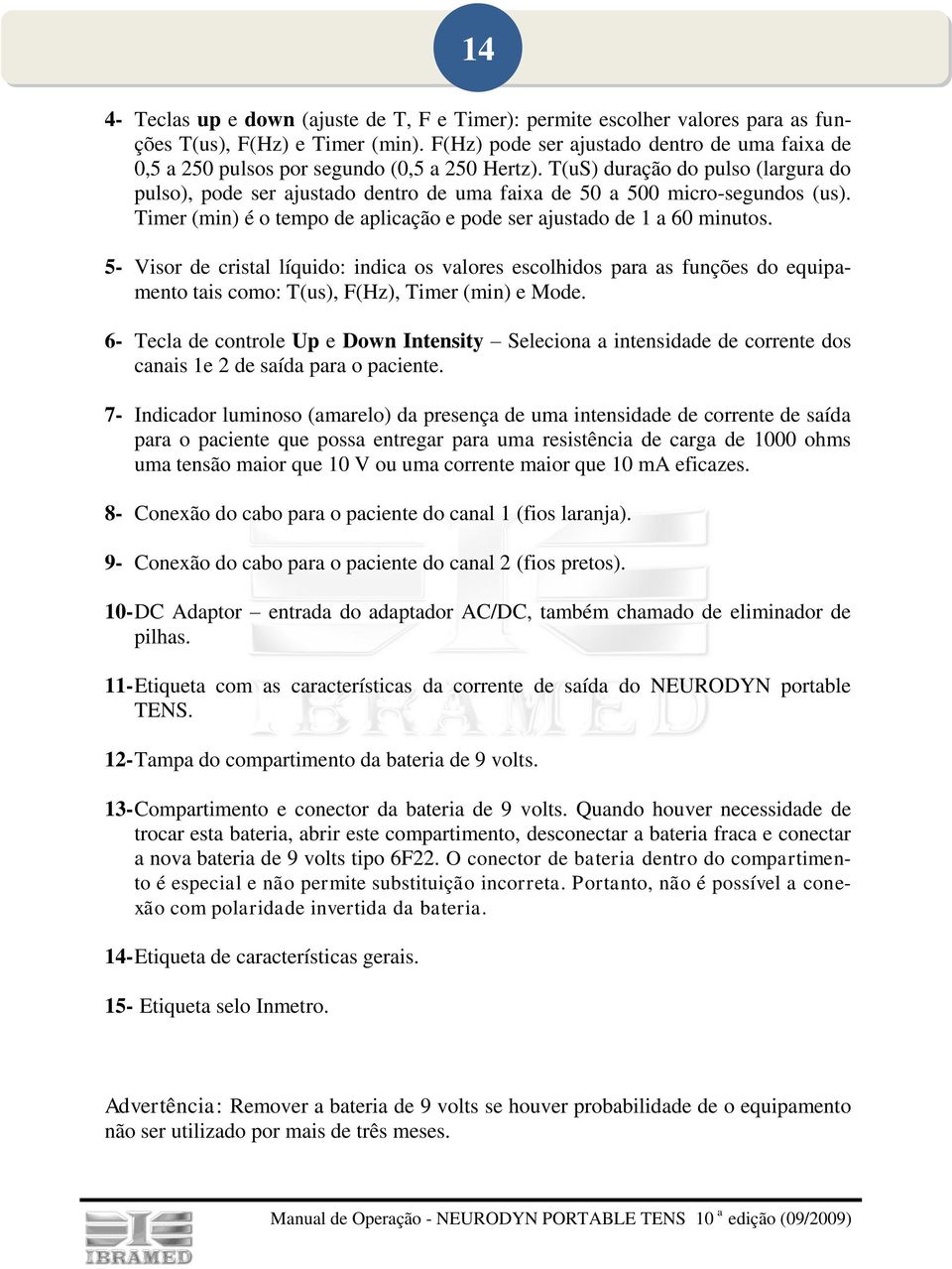 T(uS) duração do pulso (largura do pulso), pode ser ajustado dentro de uma faixa de 50 a 500 micro-segundos (us). Timer (min) é o tempo de aplicação e pode ser ajustado de 1 a 60 minutos.