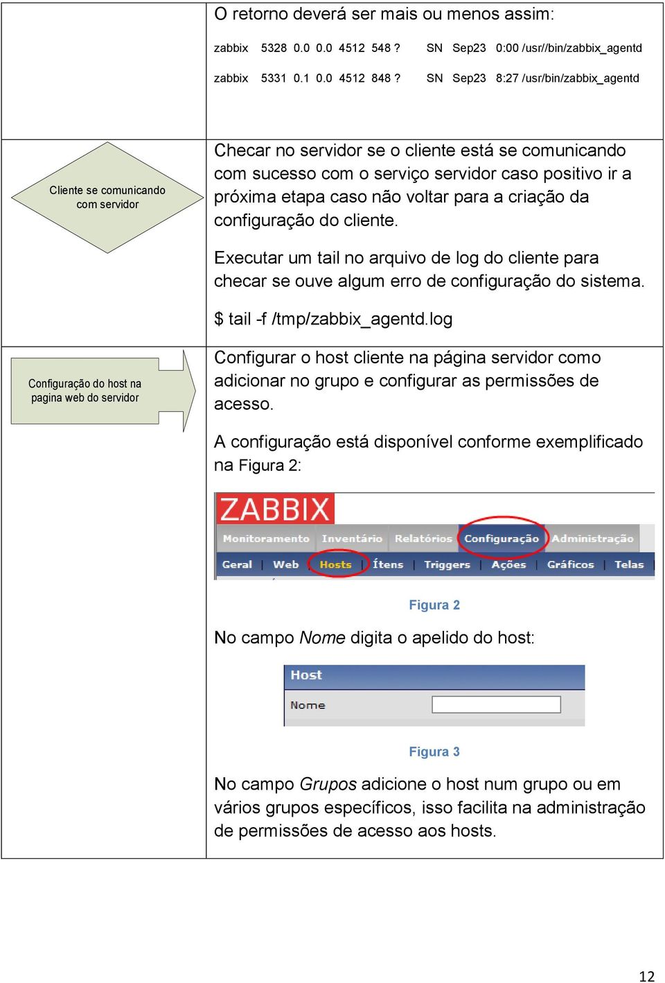 não voltar para a criação da configuração do cliente. Executar um tail no arquivo de log do cliente para checar se ouve algum erro de configuração do sistema. $ tail -f /tmp/zabbix_agentd.