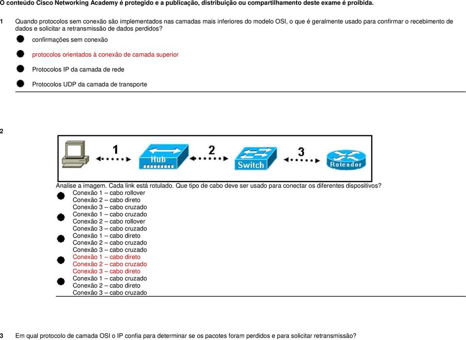 perdidos? confirmações sem conexão protocolos orientados à conexão de camada superior Protocolos IP da camada de rede Protocolos UDP da camada de transporte 2 Analise a imagem.