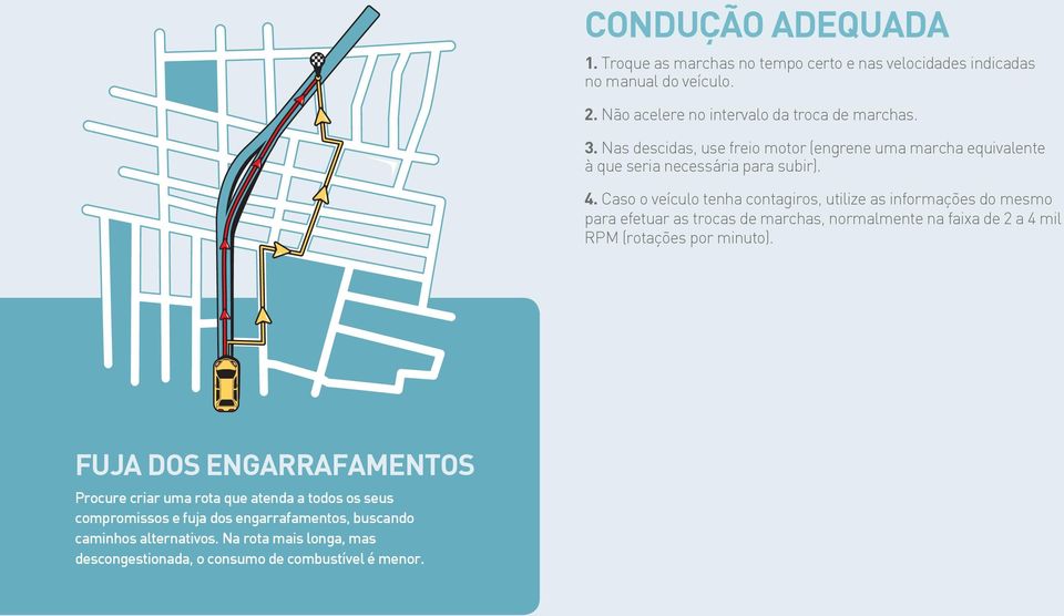 Caso o veículo tenha contagiros, utilize as informações do mesmo para efetuar as trocas de marchas, normalmente na faixa de 2 a 4 mil RPM (rotações por minuto).