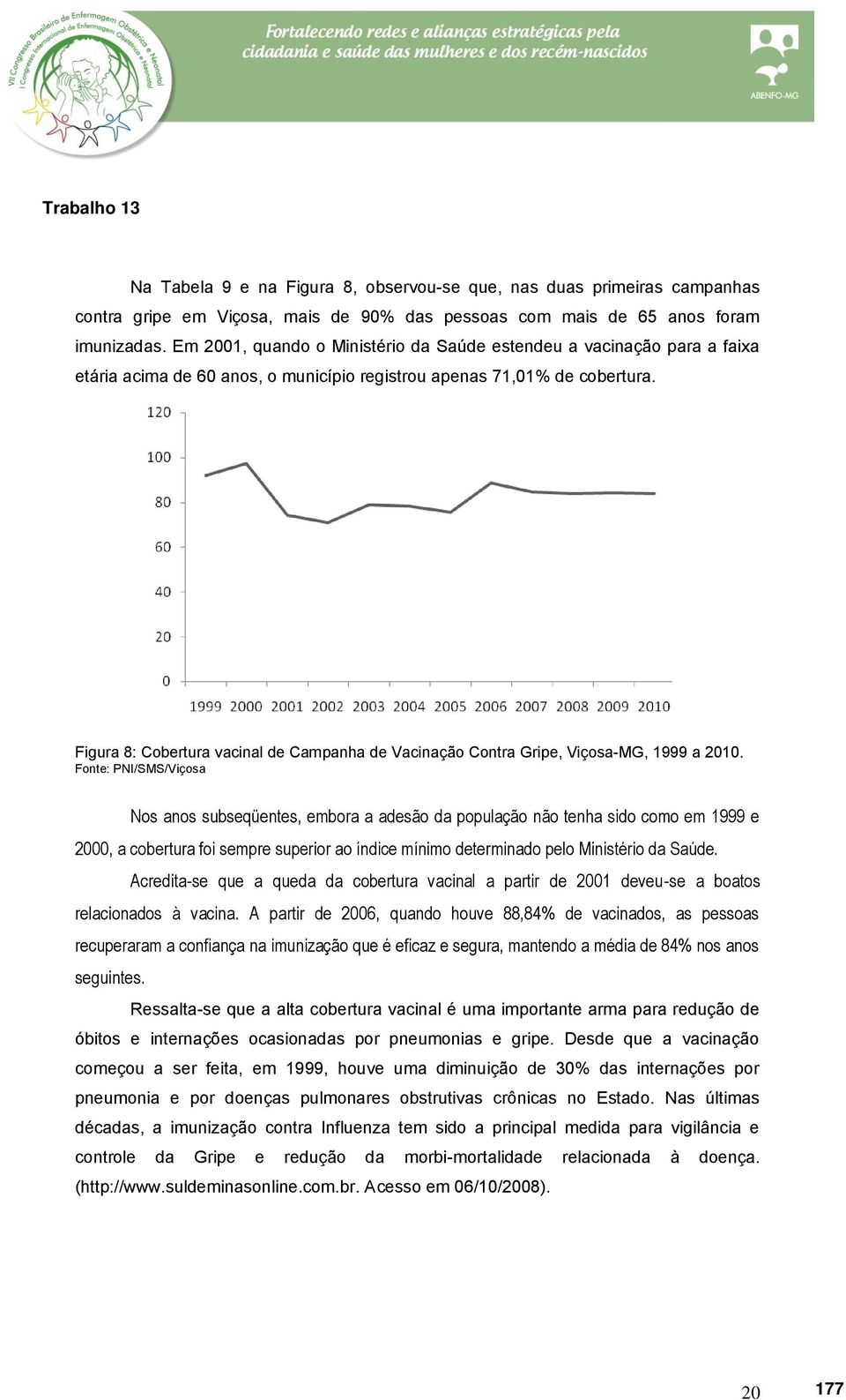 Figura 8: Cobertura vacinal de Campanha de Vacinação Contra Gripe, Viçosa-MG, 1999 a 2010.