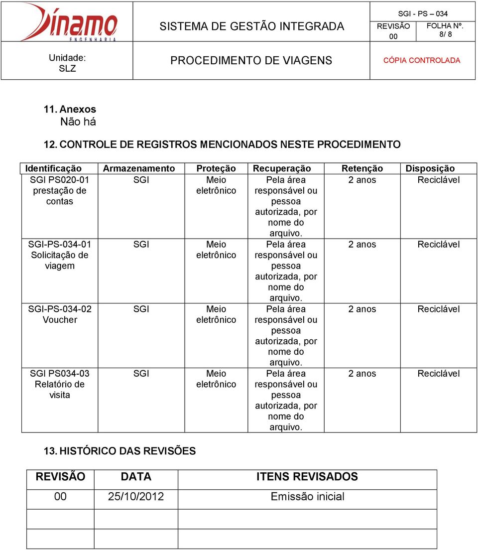 responsável ou pessoa autorizada, por nome do 2 anos Reciclável SGI-PS-034-01 Solicitação de viagem SGI-PS-034-02 Voucher SGI PS034-03 Relatório de visita SGI SGI SGI 13.