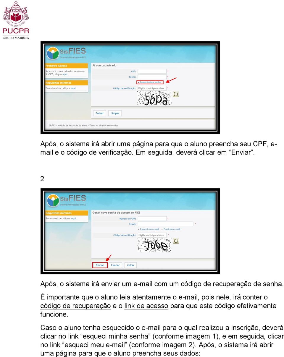 É importante que o aluno leia atentamente o e-mail, pois nele, irá conter o código de recuperação e o link de acesso para que este código efetivamente funcione.