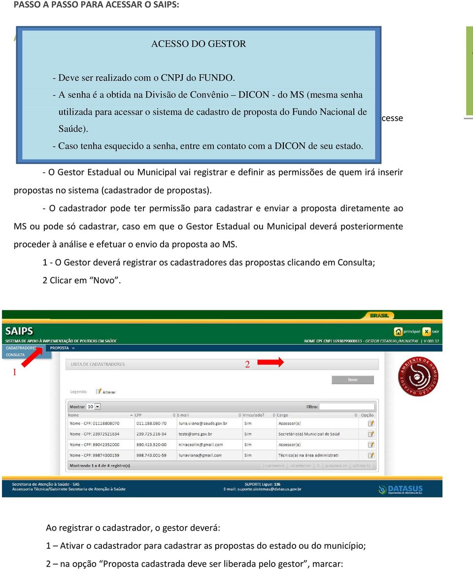 - A senha é a obtida na Divisão de Convênio DICON - do MS (mesma senha utilizada para acessar o sistema de cadastro de proposta do Fundo Nacional de OBS.