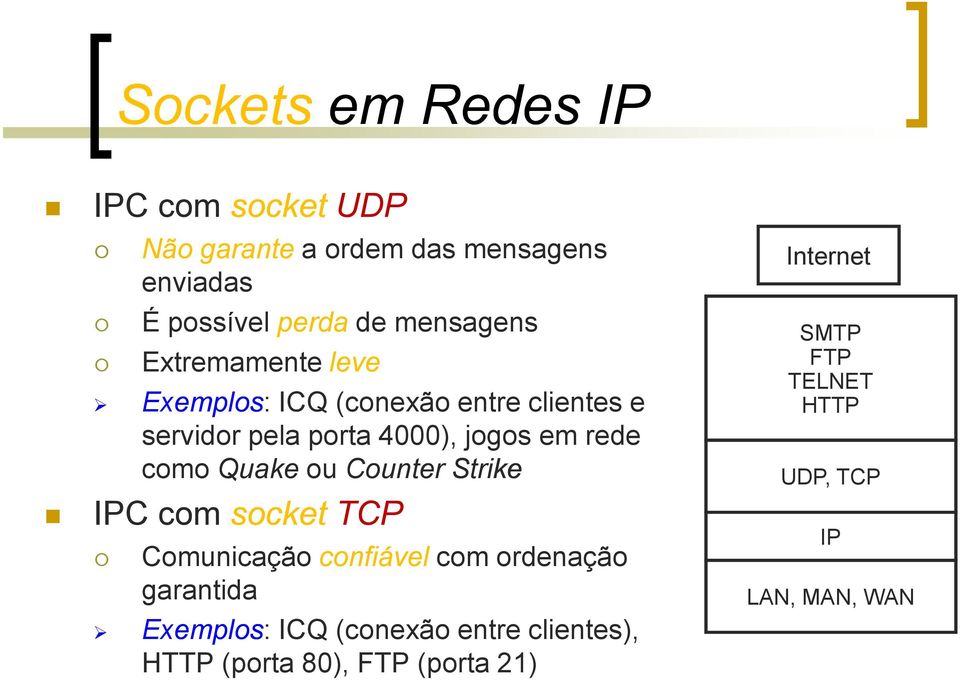 rede como Quake ou Counter Strike IPC com socket TCP Comunicação confiável com ordenação garantida