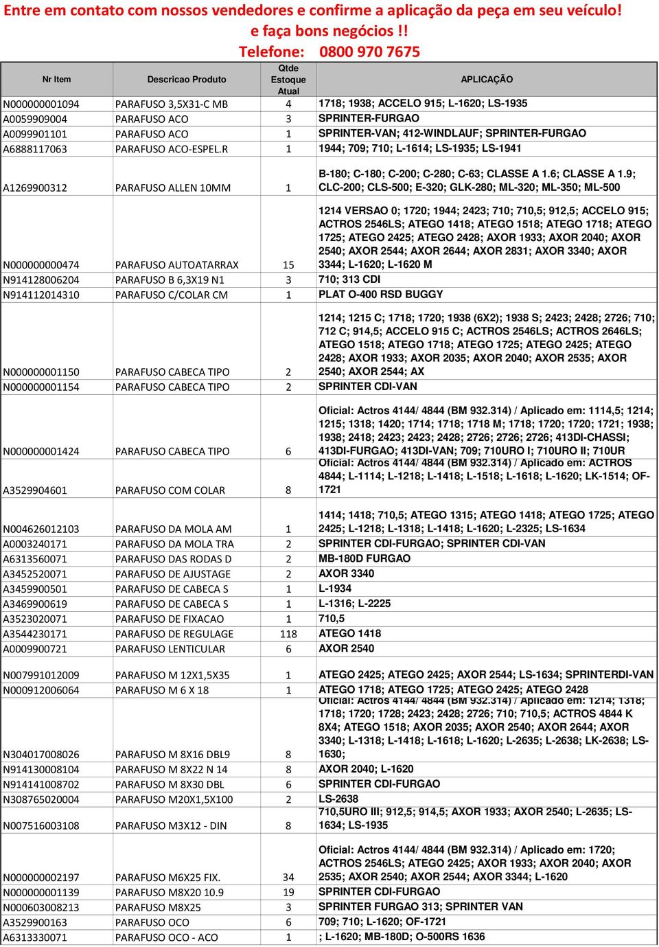 9; CLC-200; CLS-500; E-320; GLK-280; ML-320; ML-350; ML-500 N000000000474 PARAFUSO AUTOATARRAX 15 1214 VERSAO 0; 1720; 1944; 2423; 710; 710,5; 912,5; ACCELO 915; ACTROS 2546LS; ATEGO 1418; ATEGO