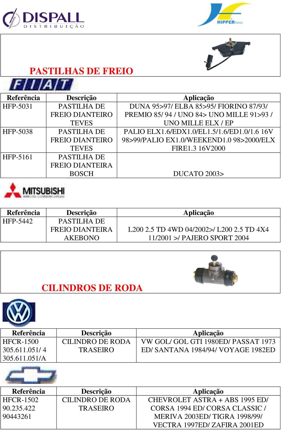 5 TD 4WD 04/2002>/ L200 2.5 TD 4X4 11/2001 >/ PAJERO SPORT 2004 CILINDROS DE RODA HFCR-1500 305.611.