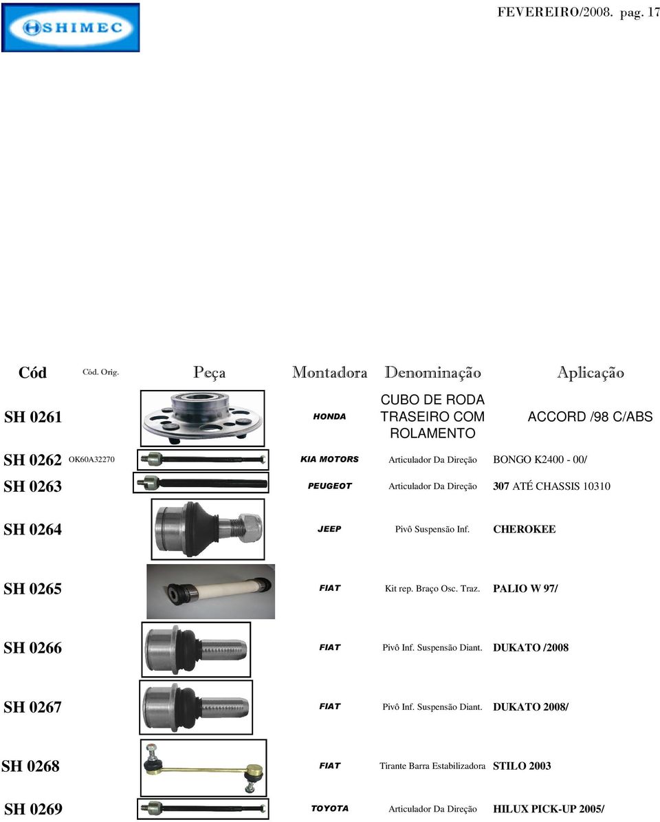 BONGO K2400-00/ ACCORD /98 C/ABS SH 0263 PEUGEOT Articulador Da Direção 307 ATÉ CHASSIS 10310 SH 0264 JEEP Pivô Suspensão Inf.