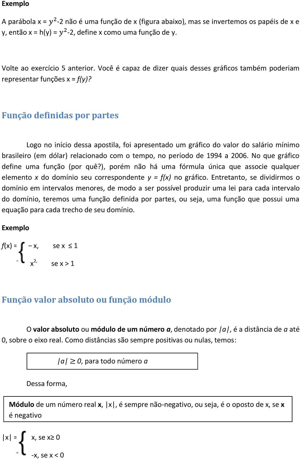 Função definidas por partes Logo no início dessa apostila, foi apresentado um gráfico do valor do salário mínimo brasileiro (em dólar) relacionado com o tempo, no período de 1994 a 2006.