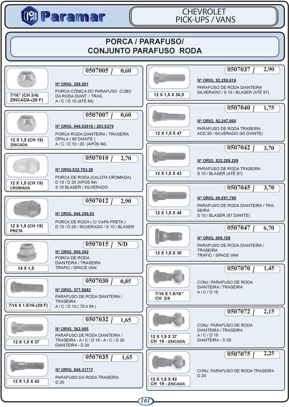 618 SILVERADO / S 10 / BLASER (ATÉ 97) Nº ORIG. 92.247.060 0507040 PARAFUSO DE RODA ACD 20 / SILVERADO (93 DIANTE) 0507042 1,75 3,70 0507010 2,70 Nº ORIG. 522.258.259 12 X 1,5 (CH 19) CROMADA Nº ORIG.