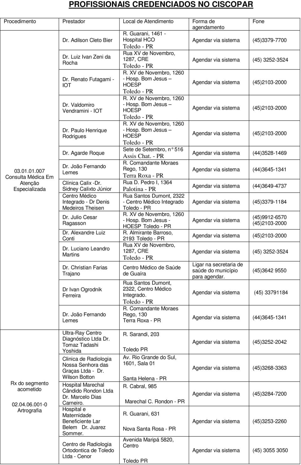 01.007 Consulta Médica Em Atenção Especializada Dr. Renato Futagami - IOT Dr. Valdomiro Vendramini - IOT Dr. Paulo Henrique Rodrigues Dr. Agarde Roque Dr. João Fernando Lemes Clínica Calix -Dr.