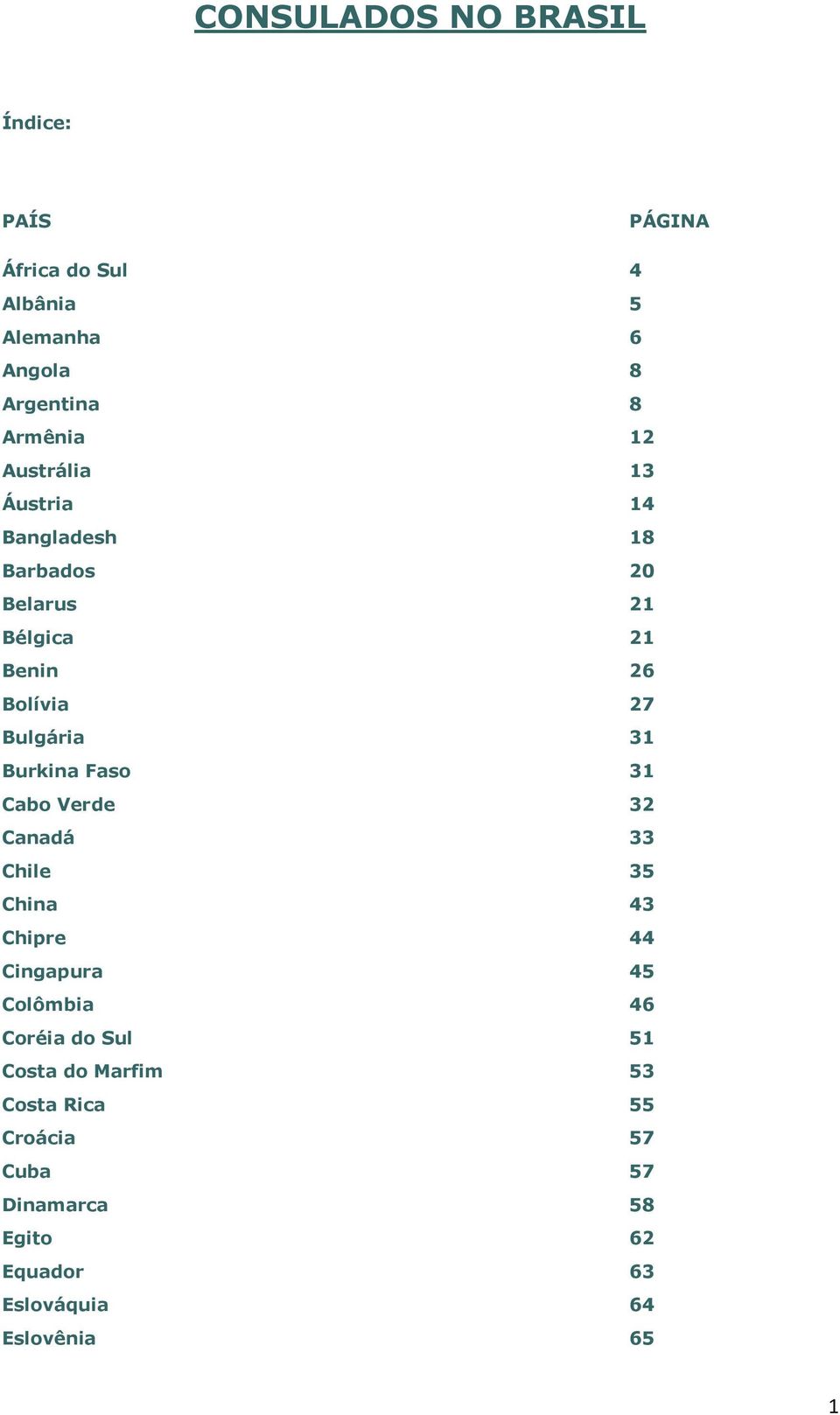 Burkina Faso 31 Cabo Verde 32 Canadá 33 Chile 35 China 43 Chipre 44 Cingapura 45 Colômbia 46 Coréia do Sul 51