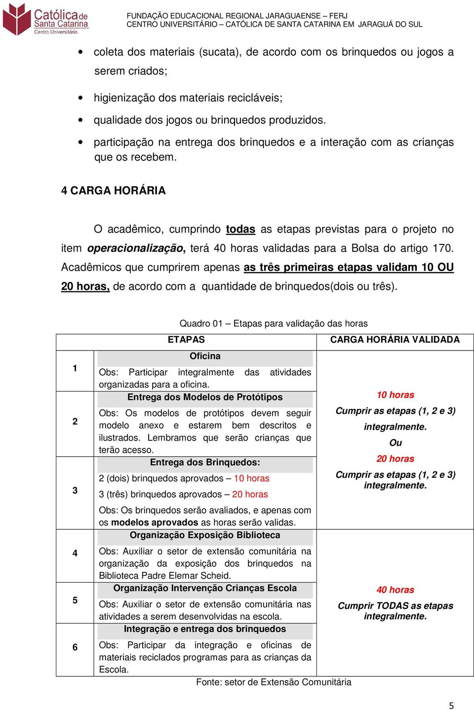 4 CARGA HORÁRIA O acadêmico, cumprindo todas as etapas previstas para o projeto no item operacionalização, terá 40 horas validadas para a Bolsa do artigo 170.