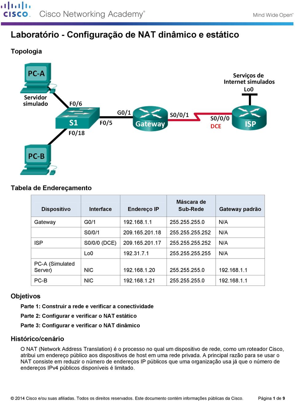 a rede e verificar a conectividade Parte 2: Configurar e verificar o NAT estático Parte 3: Configurar e verificar o NAT dinâmico Histórico/cenário O NAT (Network Address Translation) é o processo no