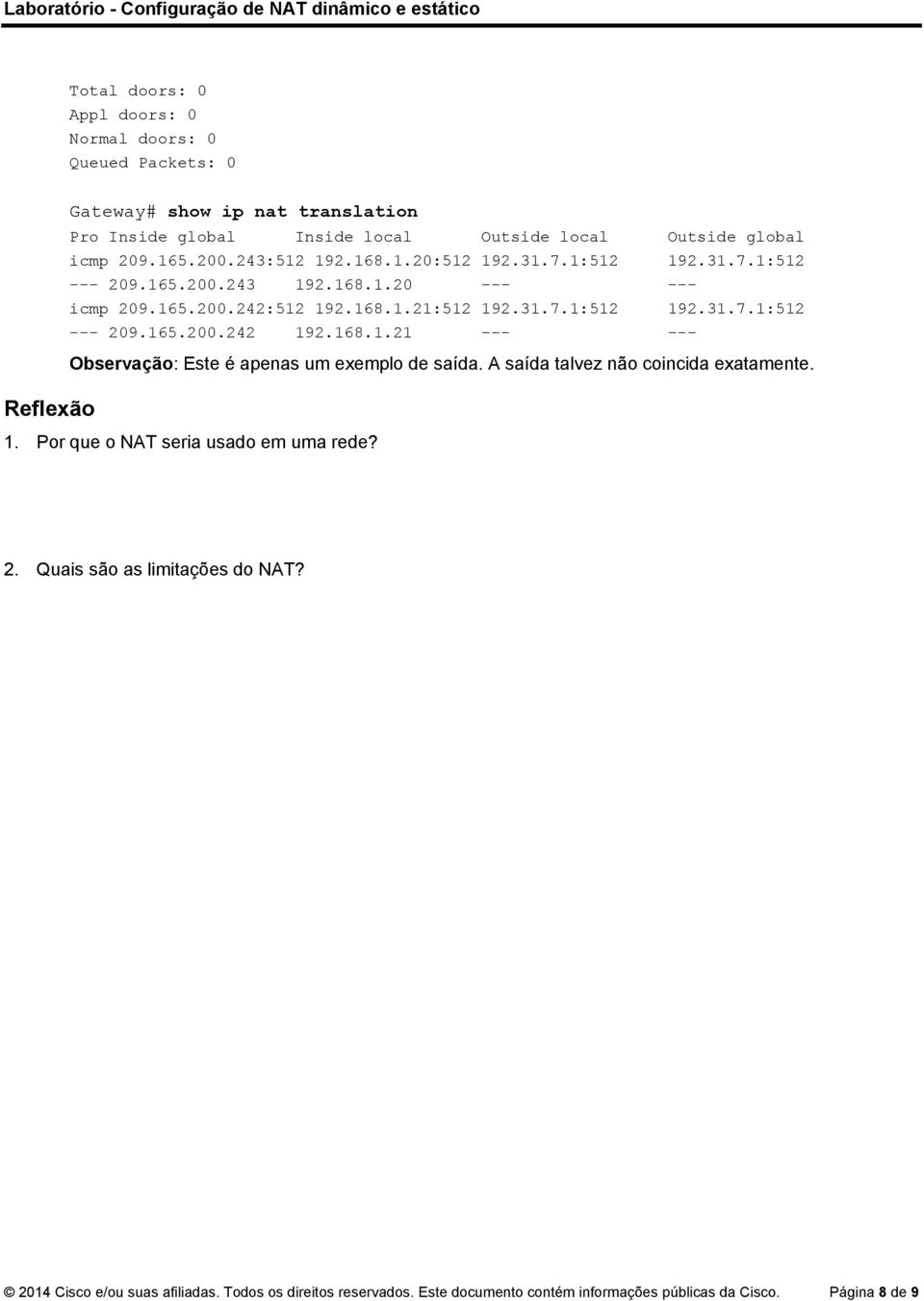 168.1.21 --- --- Observação: Este é apenas um exemplo de saída. A saída talvez não coincida exatamente. Reflexão 1. Por que o NAT seria usado em uma rede?