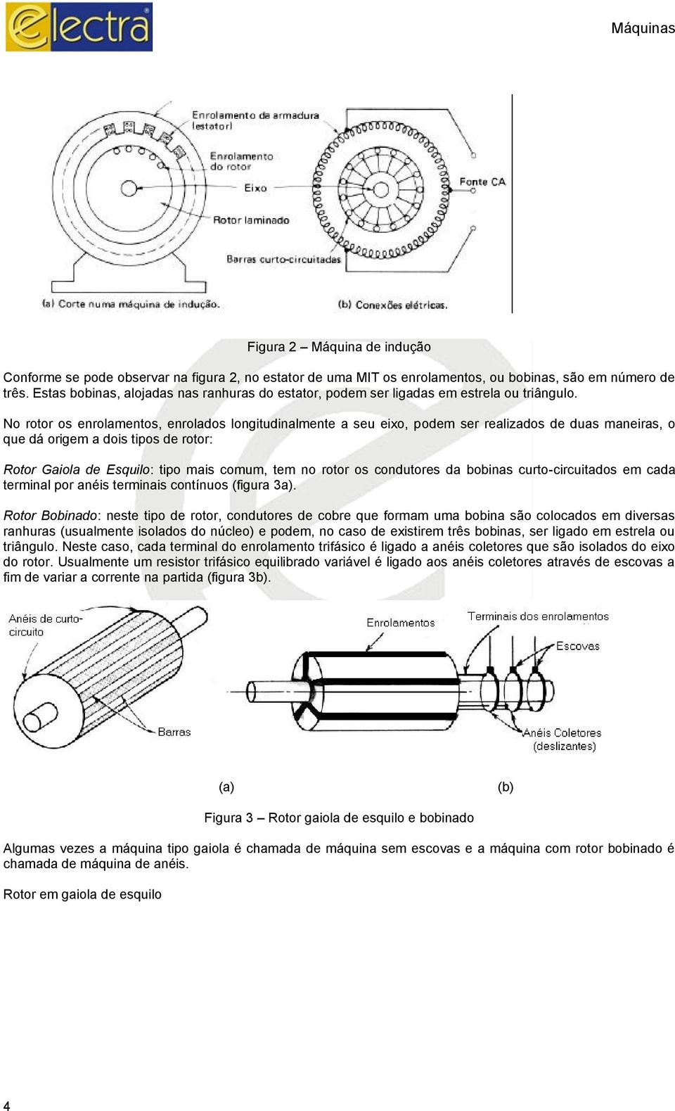 No rotor os enrolamentos, enrolados longitudinalmente a seu eixo, podem ser realizados de duas maneiras, o que dá origem a dois tipos de rotor: Rotor Gaiola de Esquilo: tipo mais comum, tem no rotor