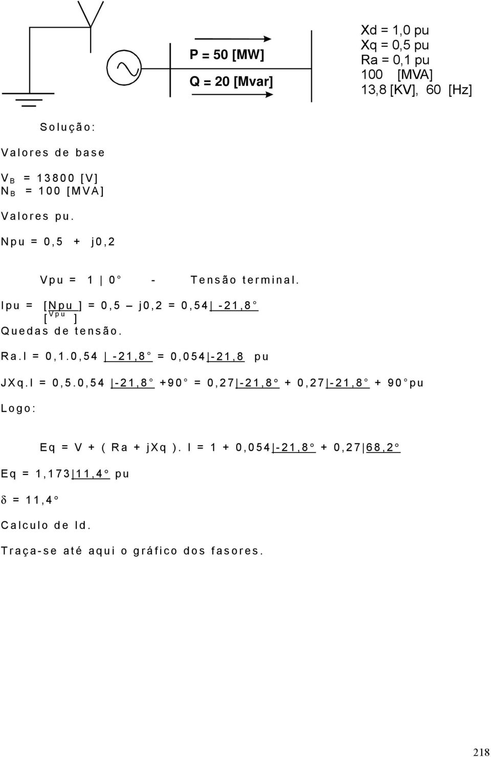 Ipu = [Npu ] = 0,5 j0, = 0,54-1,8 [ Vpu ] Quedas de tensão. Ra.I = 0,1.0,54-1,8 = 0,054-1,8 pu JXq.I = 0,5.