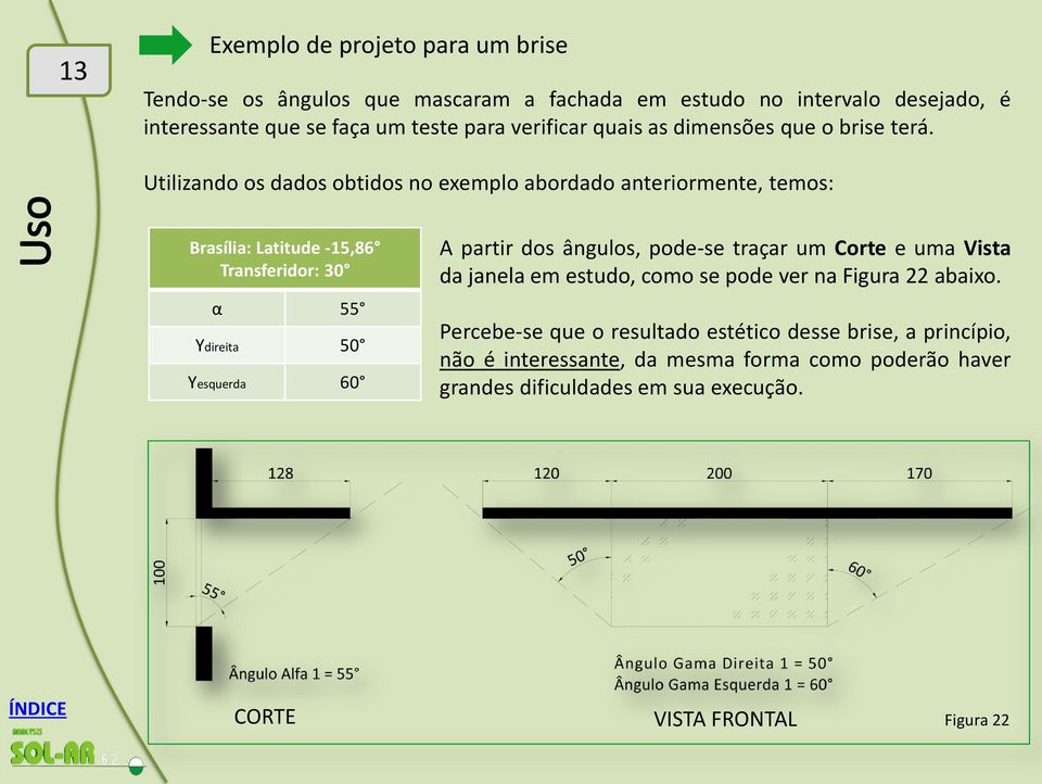 Utilizando os dados obtidos no exemplo abordado anteriormente, temos: Brasília: Latitude -15,86 Transferidor: 30 α 55 Ydireita 50 Yesquerda 60 A partir dos