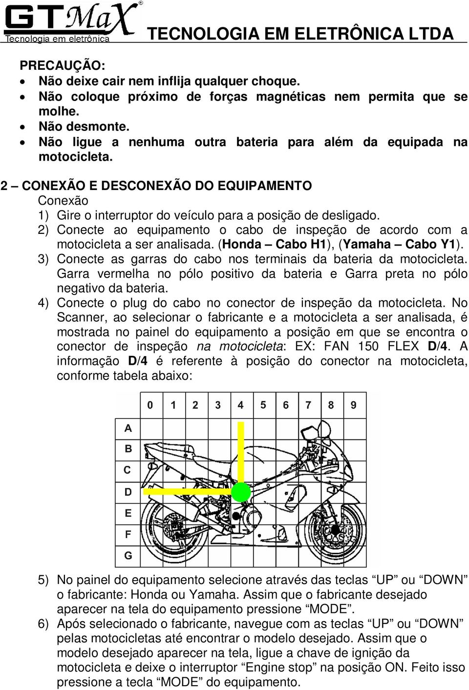 2) Conecte ao equipamento o cabo de inspeção de acordo com a motocicleta a ser analisada. (Honda Cabo H1), (Yamaha Cabo Y1). 3) Conecte as garras do cabo nos terminais da bateria da motocicleta.