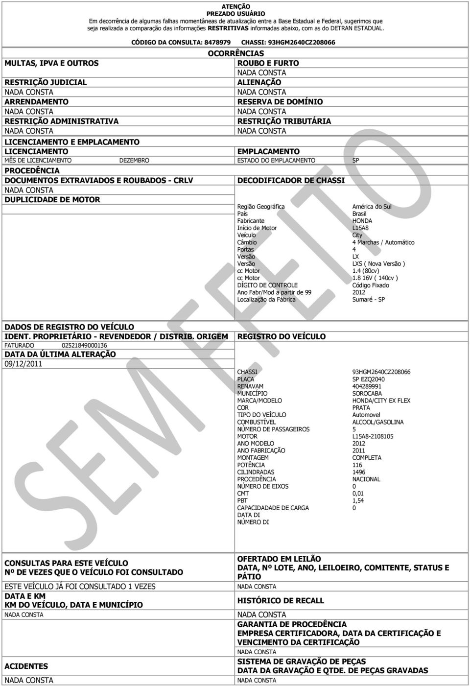 CÓDIGO DA CONSULTA: 8478979 CHASSI: 93HGM2640CZ208066 OCORRÊNCIAS ROUBO E FURTO ALIENAÇÃO RESERVA DE DOMÍNIO RESTRIÇÃO TRIBUTÁRIA LICENCIAMENTO E EMPLACAMENTO LICENCIAMENTO EMPLACAMENTO MÊS DE