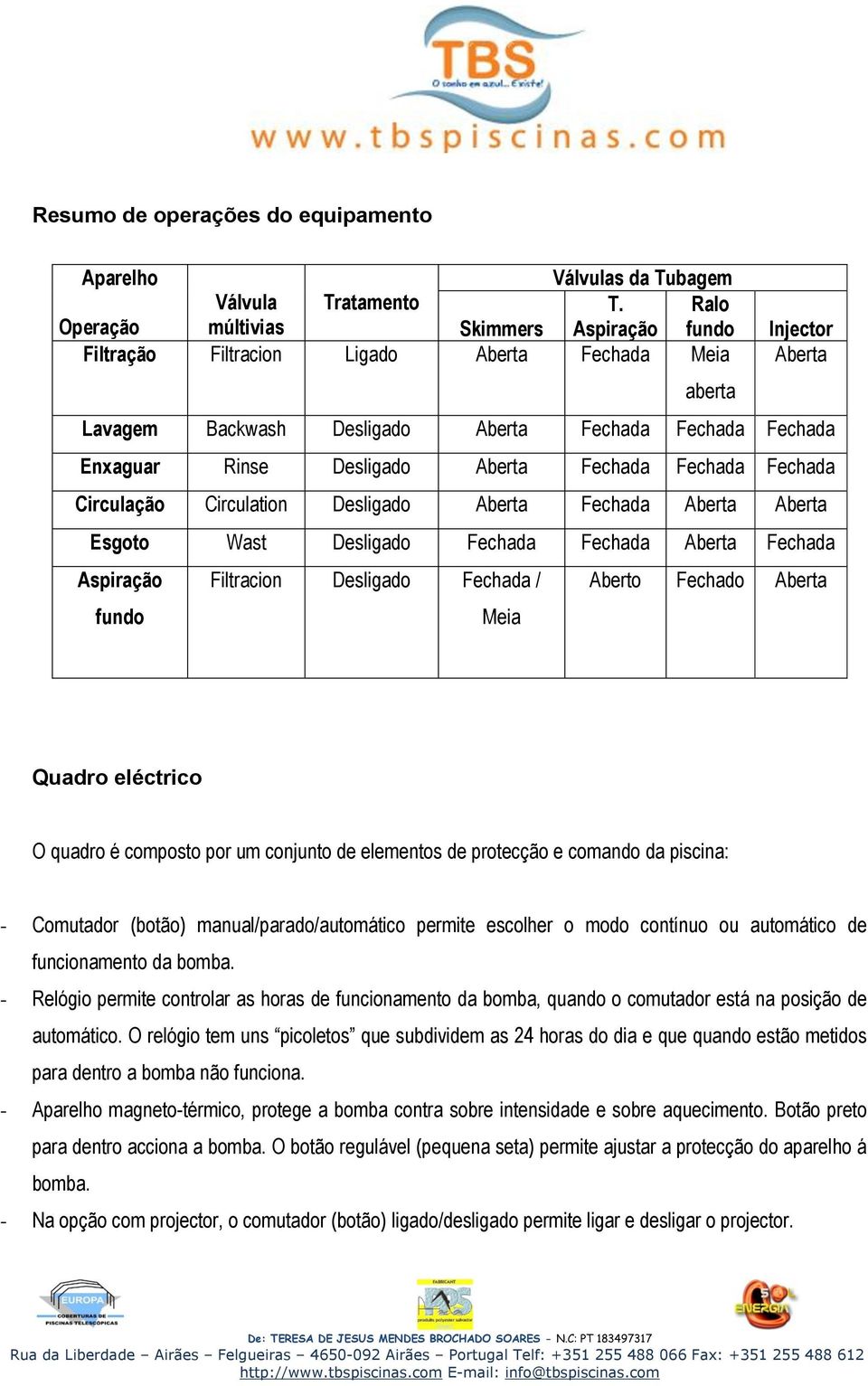 Desligado Aberta Fechada Fechada Fechada Circulação Circulation Desligado Aberta Fechada Aberta Aberta Esgoto Wast Desligado Fechada Fechada Aberta Fechada Aspiração fundo Filtracion Desligado