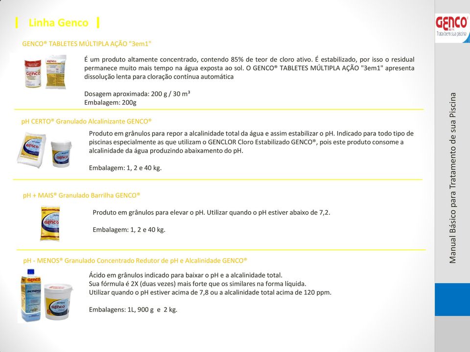 O GENCO TABLETES MÚLTIPLA AÇÃO "3em1" apresenta dissolução lenta para cloração contínua automática Dosagem aproximada: 200 g / 30 m³ Embalagem: 200g ph CERTO Granulado Alcalinizante GENCO Produto em
