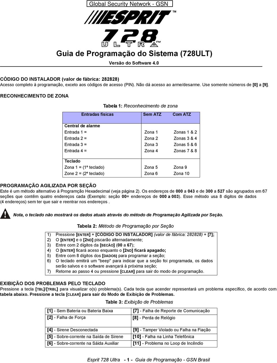 RECONHECIMENTO DE ZONA Tabela 1: Reconhecimento de zona Entradas físicas Sem ATZ Com ATZ Central de alarme Entrada 1 = Zona 1 Zonas 1 & 2 Entrada 2 = Zona 2 Zonas 3 & 4 Entrada 3 = Zona 3 Zonas 5 & 6