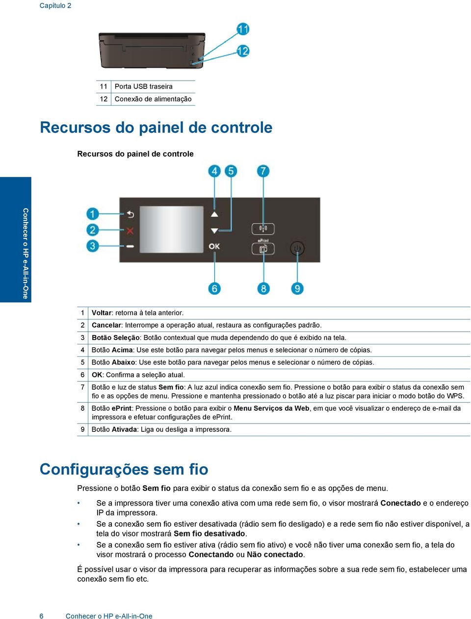 4 Botão Acima: Use este botão para navegar pelos menus e selecionar o número de cópias. 5 Botão Abaixo: Use este botão para navegar pelos menus e selecionar o número de cópias.