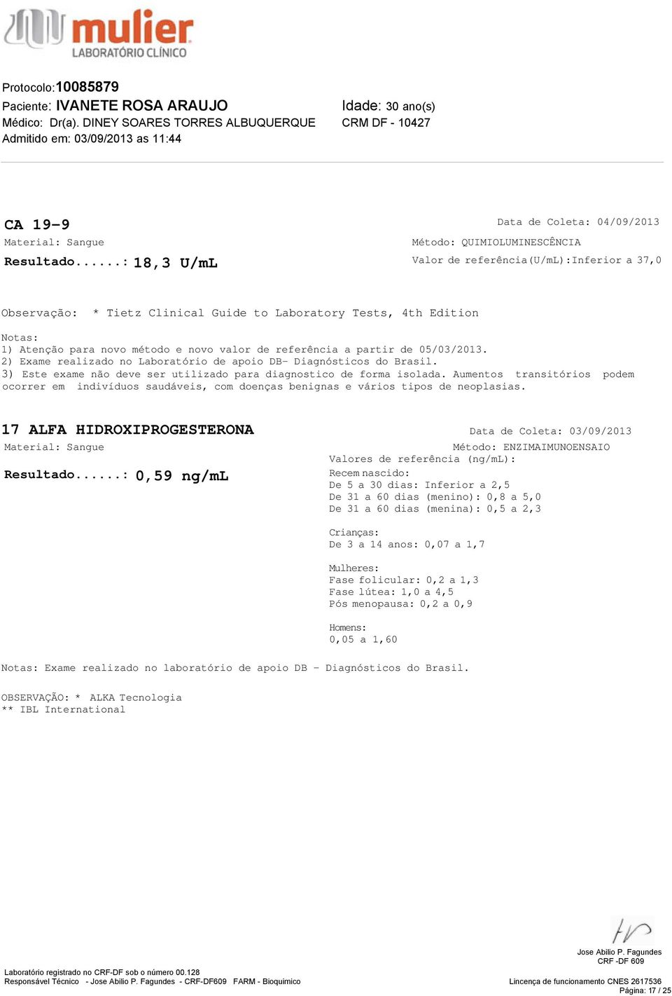 3) Este exame não deve ser utilizado para diagnostico de forma isolada. Aumentos transitórios podem ocorrer em indivíduos saudáveis, com doenças benignas e vários tipos de neoplasias.