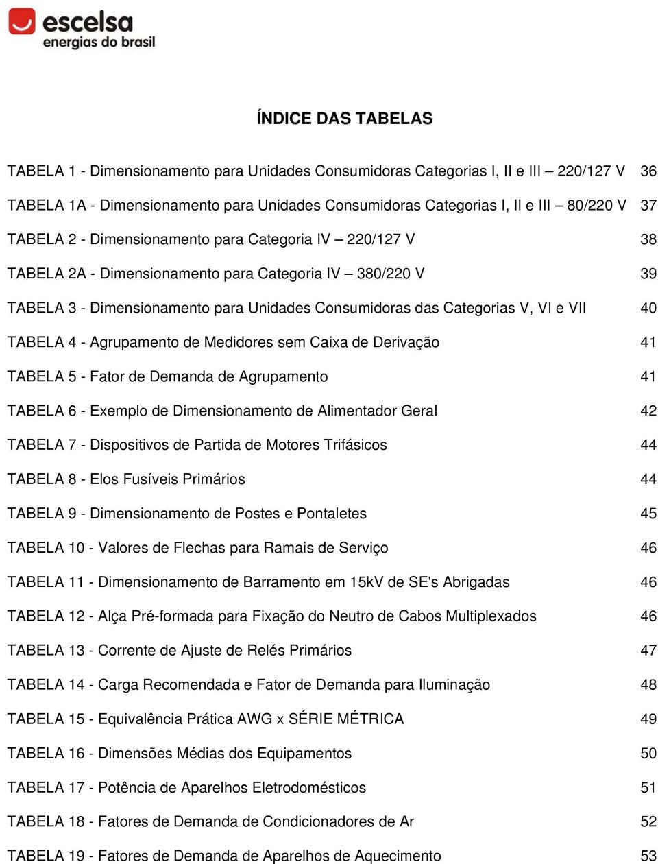 TABELA 4 Agrupamento de Medidores sem Caixa de Derivação 41 TABELA 5 Fator de Demanda de Agrupamento 41 TABELA 6 Exemplo de Dimensionamento de Alimentador Geral 42 TABELA 7 Dispositivos de Partida de