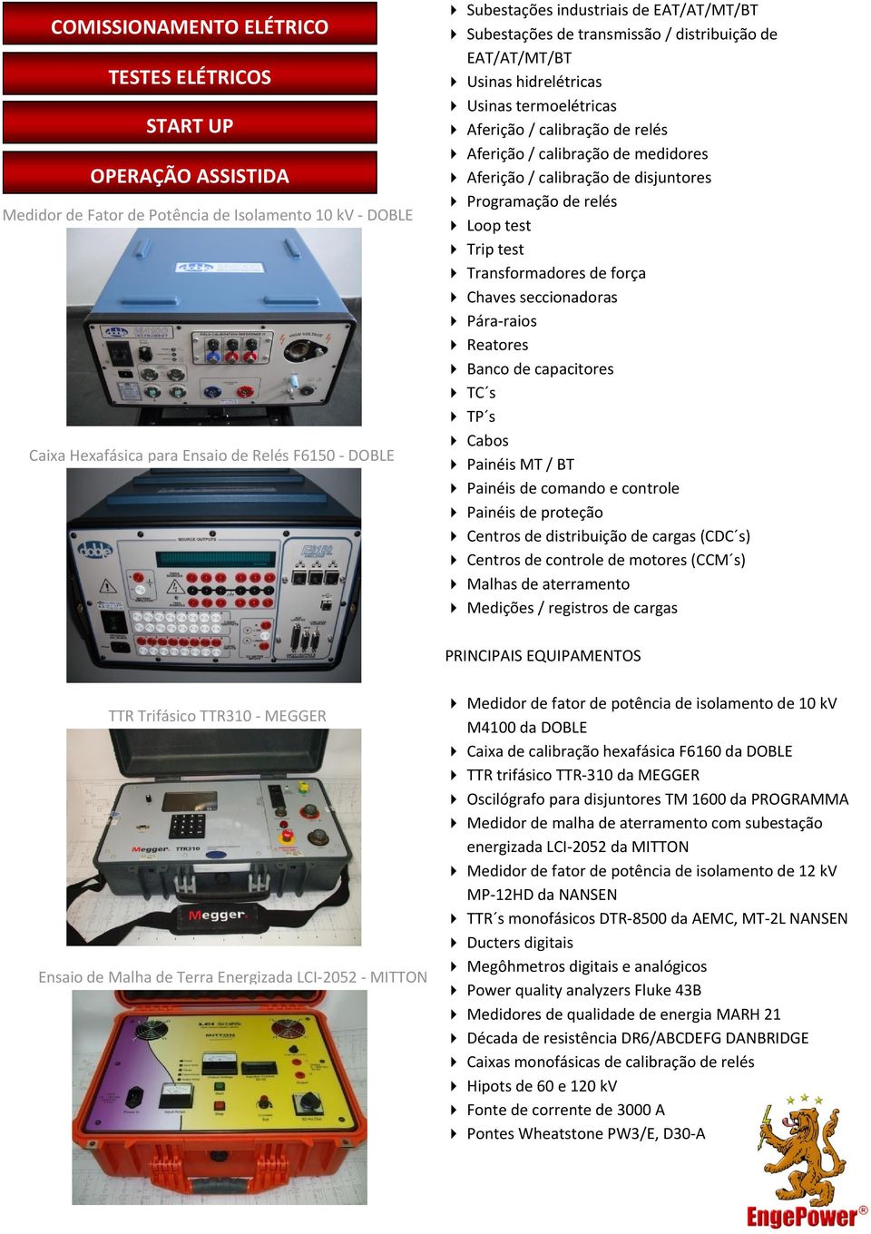 Aferição / calibração de disjuntores Programação de relés Loop test Trip test Transformadores de força Chaves seccionadoras Pára-raios Reatores Banco de capacitores TC s TP s Cabos Painéis MT / BT