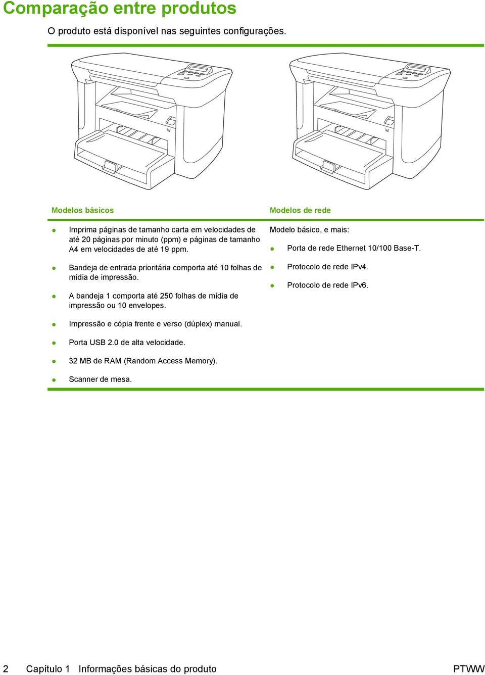 Modelo básico, e mais: Porta de rede Ethernet 10/100 Base-T. Bandeja de entrada prioritária comporta até 10 folhas de mídia de impressão.