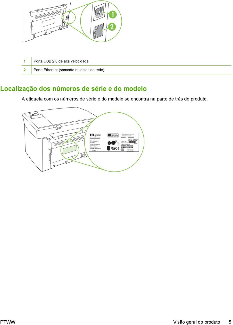 rede) Localização dos números de série e do modelo A