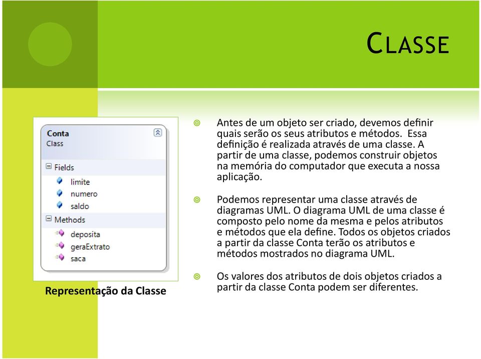 Podemos representar uma classe através de diagramas UML. O diagrama UML de uma classe é composto pelo nome da mesma e pelos atributos e métodos que ela define.