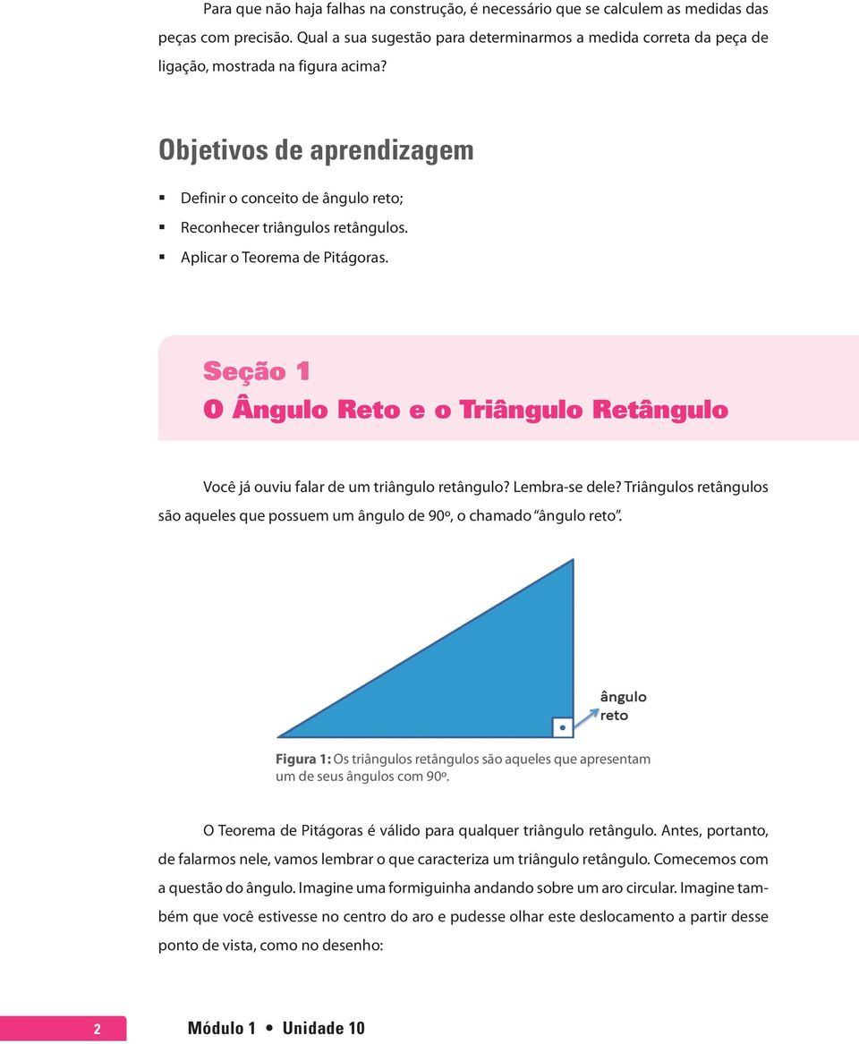 Aplicar o Teorema de Pitágoras. Seção 1 O Ângulo Reto e o Triângulo Retângulo Você já ouviu falar de um triângulo retângulo? Lembra-se dele?