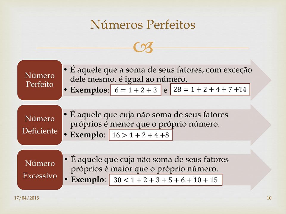 Exemplos: 6 = 1 + 2 + 3 e 28 = 1 + 2 + 4 + 7 +14 Número Deficiente É aquele que cuja não soma de seus fatores