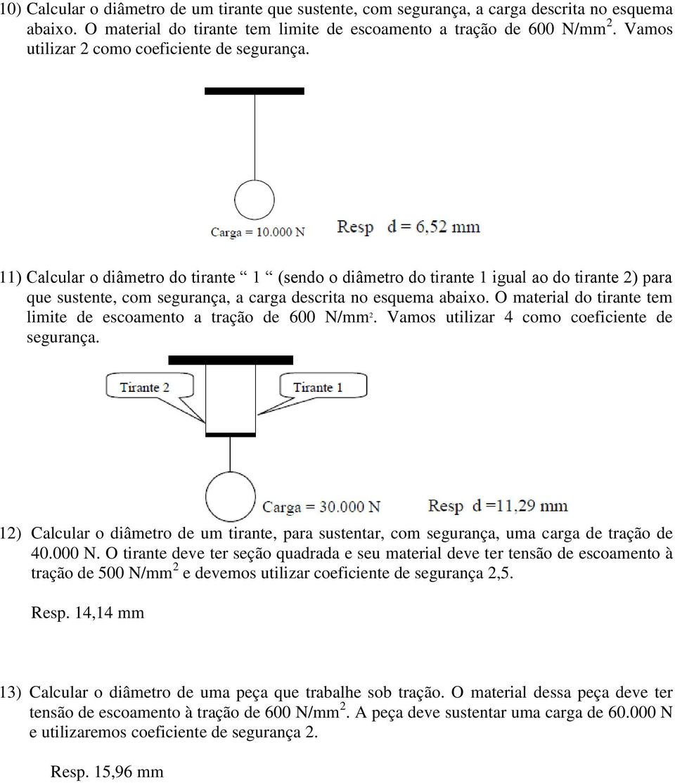 11) Calcular o diâmetro do tirante 1 (sendo o diâmetro do tirante 1 igual ao do tirante 2) para que sustente, com segurança, a carga descrita no esquema abaixo.