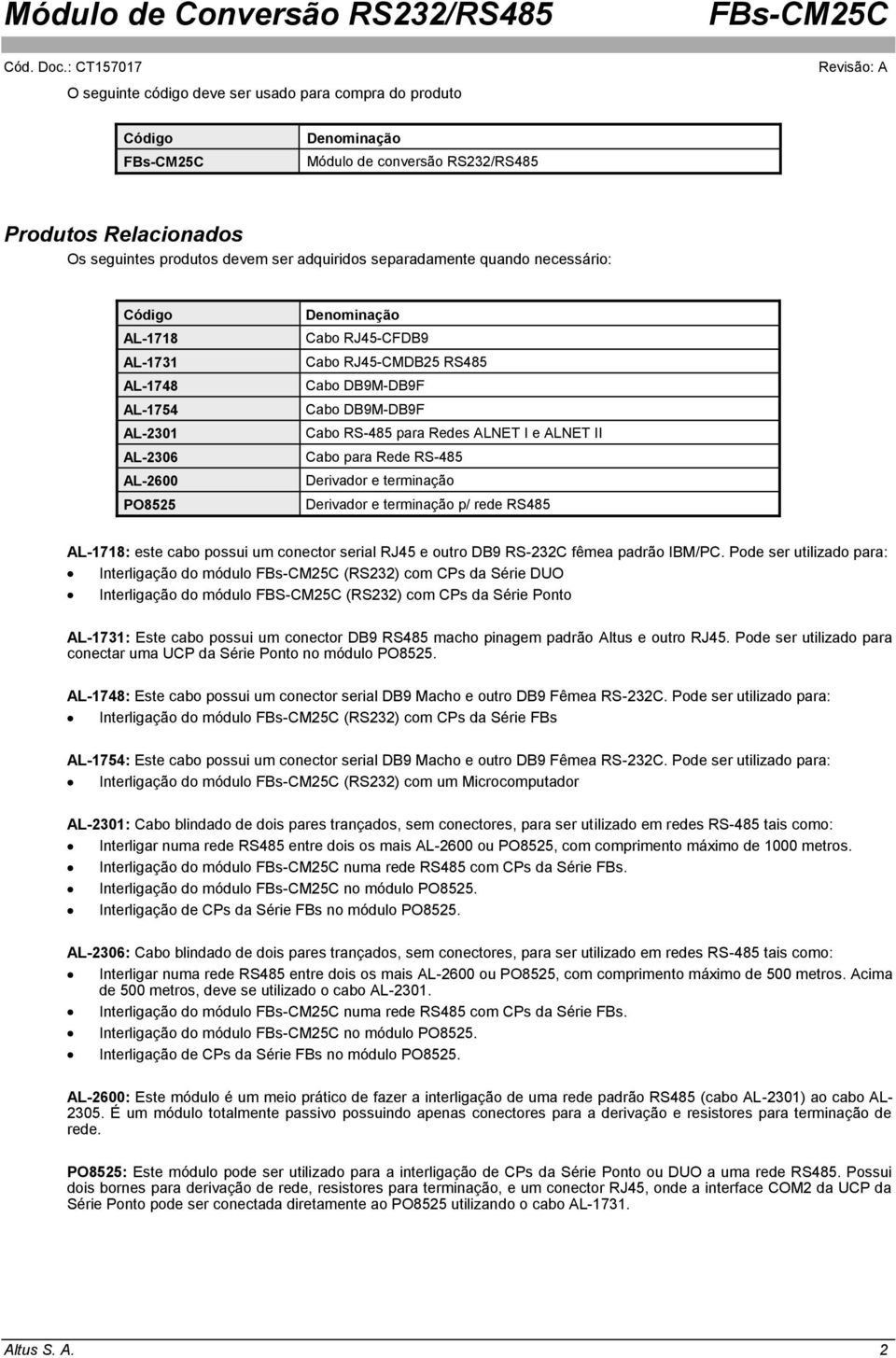 ALNET II Cabo para Rede RS-485 Derivador e terminação Derivador e terminação p/ rede RS485 AL-1718: este cabo possui um conector serial RJ45 e outro DB9 RS-232C fêmea padrão IBM/PC.