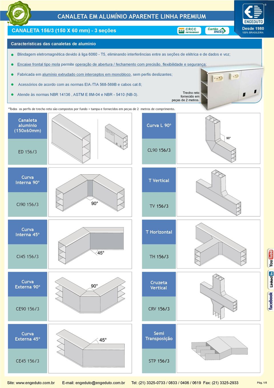 alumínio extrudado com interceptos em monobloco, sem perfis deslizantes; Acessórios de acordo com as normas EIA /TIA 568-569B e cabos cat.6; Atende às normas NBR 14136, ASTM E 8M-04 e NBR - 54 (NB-3).