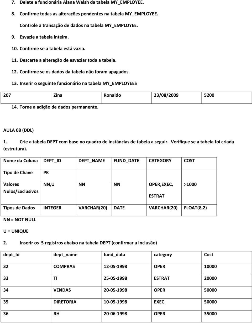 Inserir o seguinte funcionário na tabela MY_EMPLOYEES 207 Zina Ronaldo 23/08/2009 5200 14. Torne a adição de dados permanente. AULA 08 (DDL) 1.