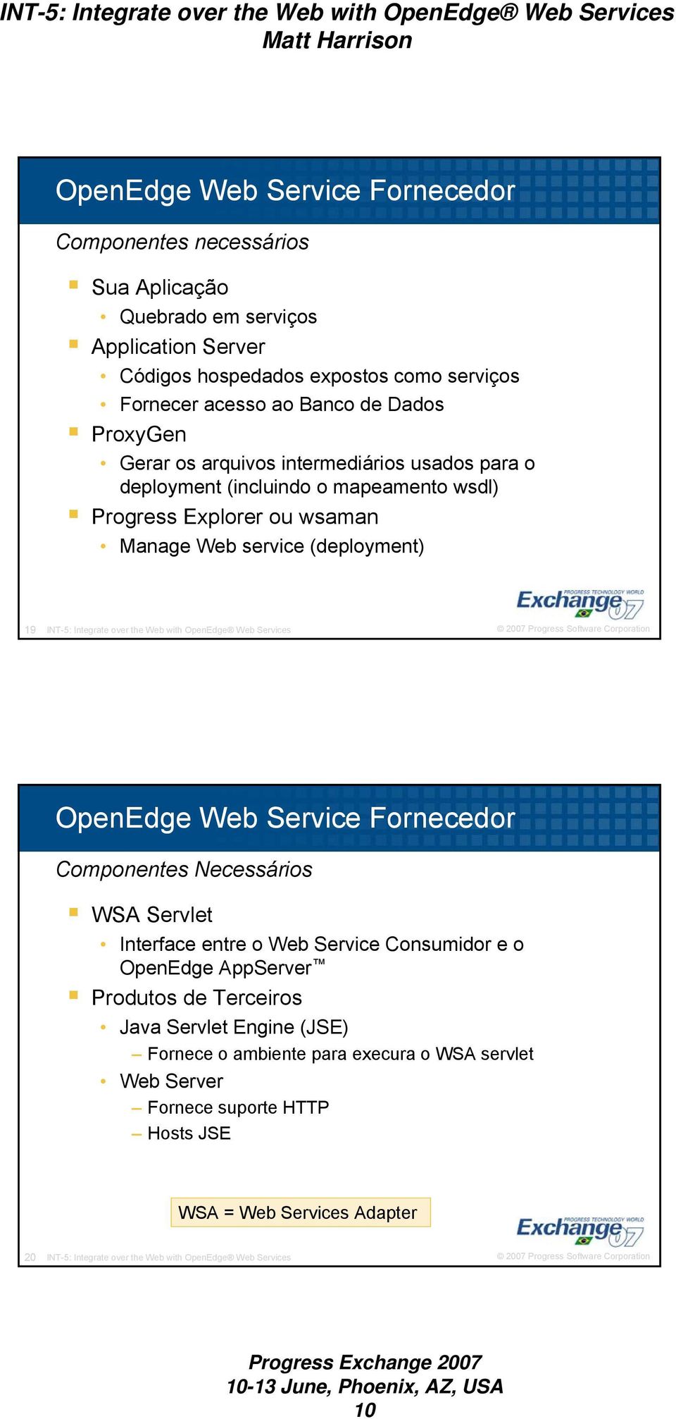 with OpenEdge Web Services OpenEdge Web Service Fornecedor Componentes Necessários WSA Servlet Interface entre o Web Service Consumidor e o OpenEdge AppServer Produtos de Terceiros Java