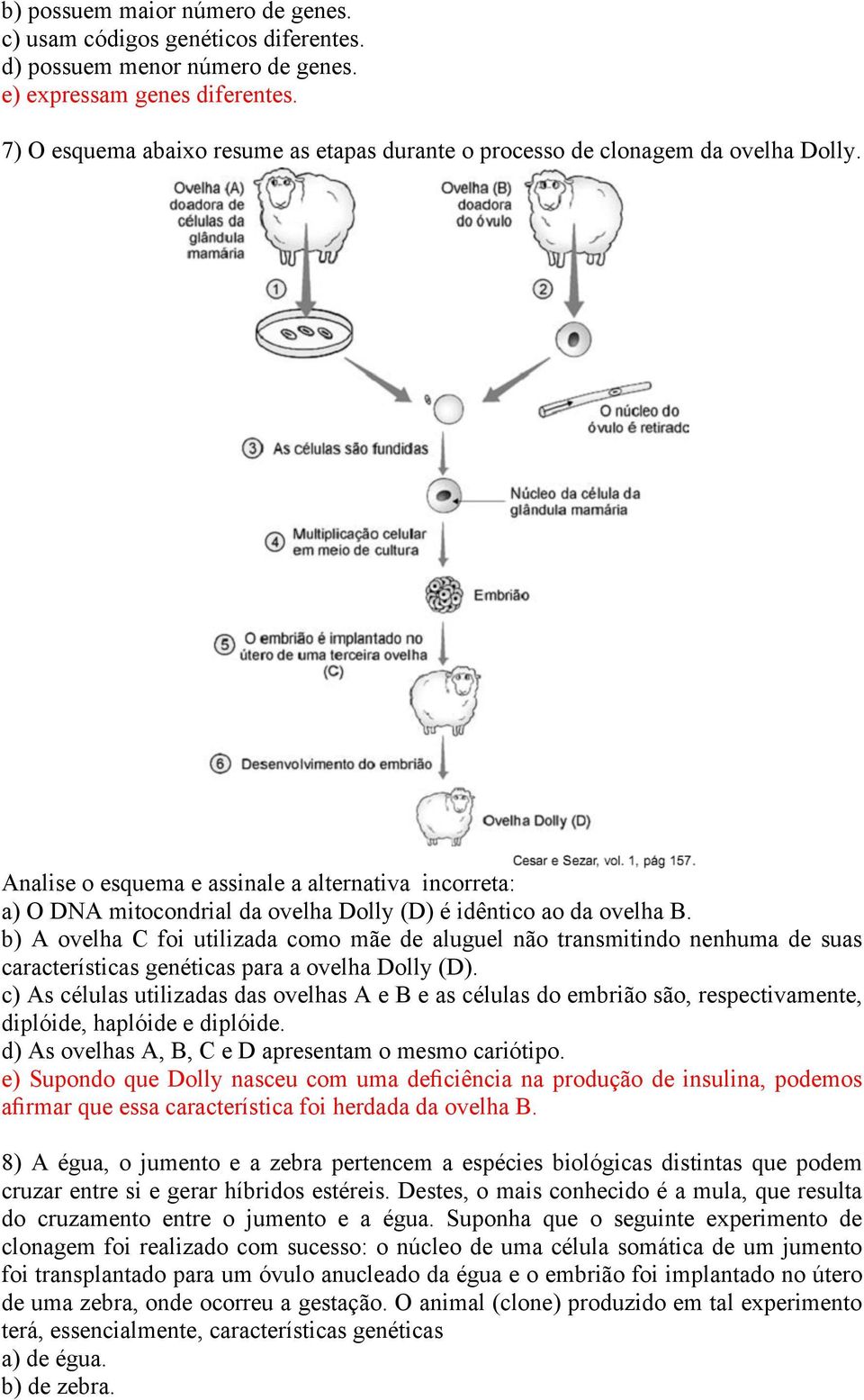 Analise o esquema e assinale a alternativa incorreta: a) O DNA mitocondrial da ovelha Dolly (D) é idêntico ao da ovelha B.