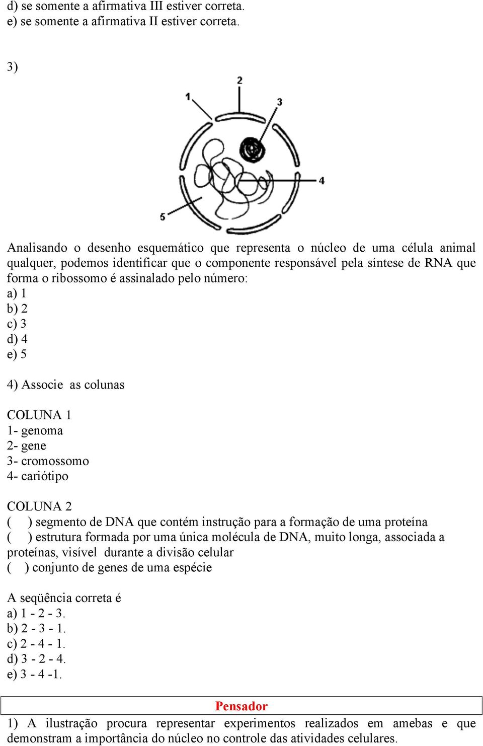 número: a) 1 b) 2 c) 3 d) 4 e) 5 4) Associe as colunas COLUNA 1 1- genoma 2- gene 3- cromossomo 4- cariótipo COLUNA 2 ( ) segmento de DNA que contém instrução para a formação de uma proteína ( )