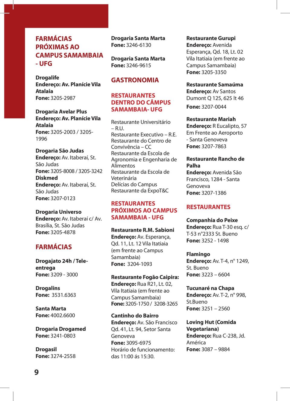Itaberaí c/ Av. Brasília, St. São Judas Fone: 3205-4878 FARMÁCIAS Drogajato 24h / Teleentrega Fone: 3209-3000 Drogalins Fone: 3531.6363 Santa Marta Fone: 4002.