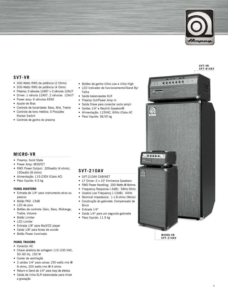 indicador de funcionamento/stand By/ Falha Saída balanceadas XLR Preamp Out/Power Amp In Saída Slave para conectar outro ampli Saídas 1/4" e Neutrik Speakon Alimentação: 115VAC, 60Hz (Cabo AC Peso