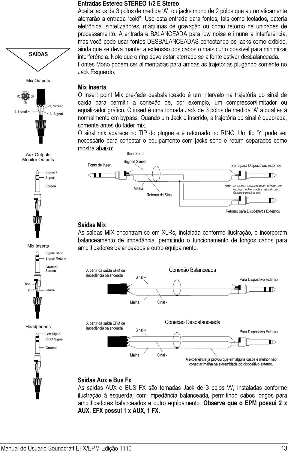 A entrada é BALANCEADA para low noise e imune a interferência, mas você pode usar fontes DESBALANCEADAS conectando os jacks como exibido, ainda que se deva manter a extensão dos cabos o mais curto