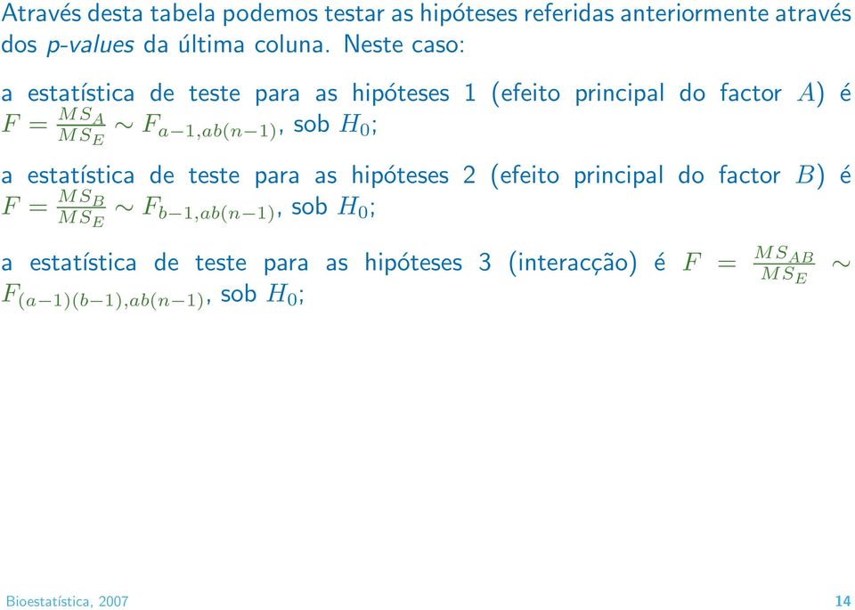 H 0 ; a estatística de teste para as hipóteses 2 (efeito principal do factor B) é F = MS B MS E F b 1,ab(n 1), sob H 0 ;