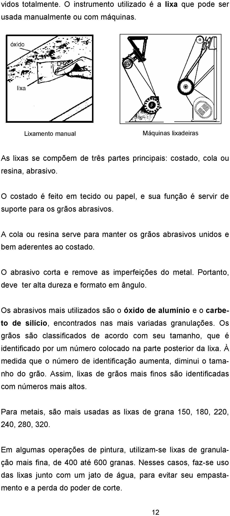 O costado é feito em tecido ou papel, e sua função é servir de suporte para os grãos abrasivos. A cola ou resina serve para manter os grãos abrasivos unidos e bem aderentes ao costado.