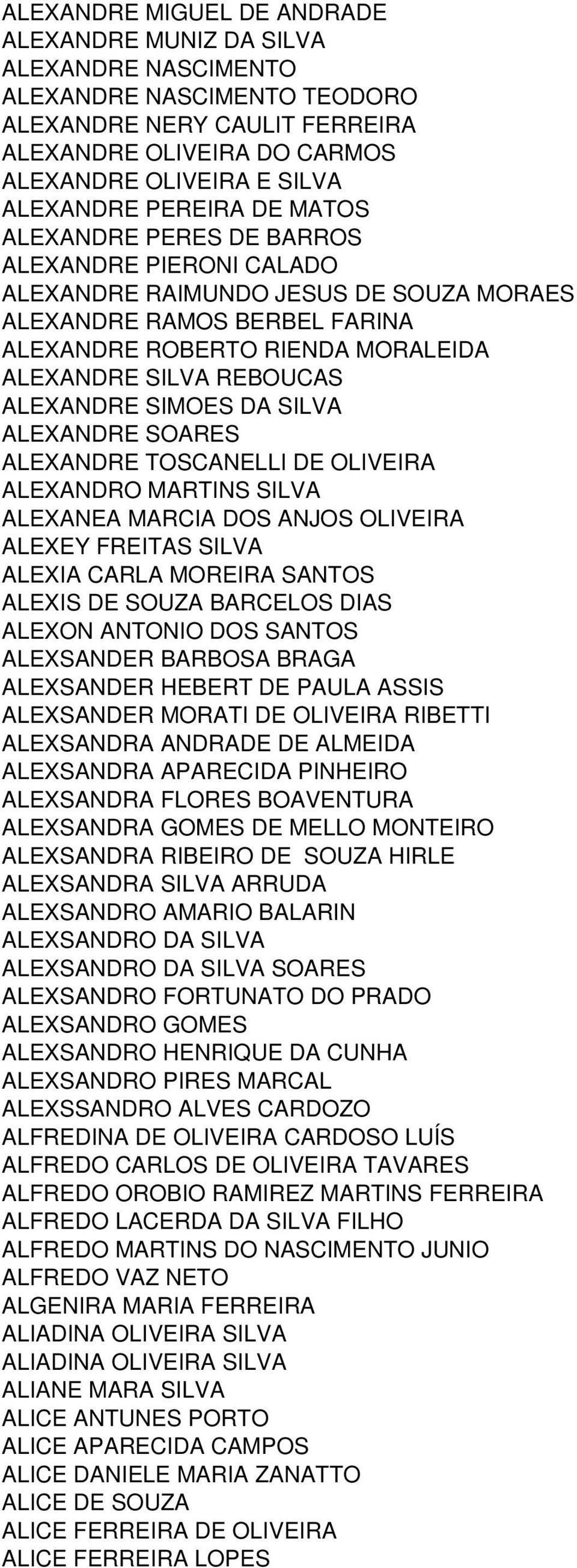 ALEXANDRE SIMOES DA SILVA ALEXANDRE SOARES ALEXANDRE TOSCANELLI DE OLIVEIRA ALEXANDRO MARTINS SILVA ALEXANEA MARCIA DOS ANJOS OLIVEIRA ALEXEY FREITAS SILVA ALEXIA CARLA MOREIRA SANTOS ALEXIS DE SOUZA