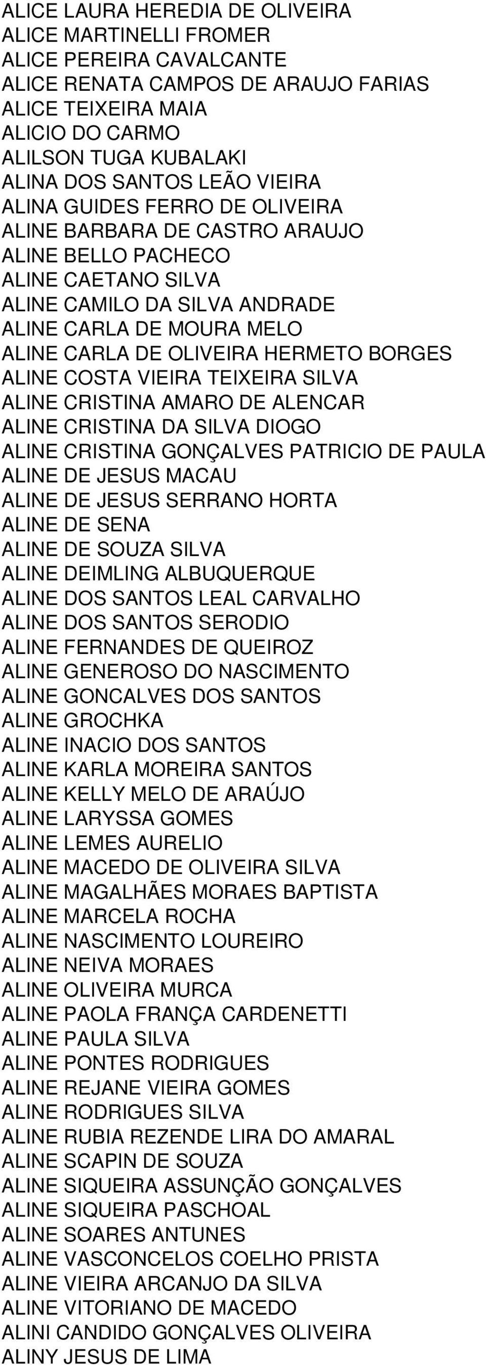 BORGES ALINE COSTA VIEIRA TEIXEIRA SILVA ALINE CRISTINA AMARO DE ALENCAR ALINE CRISTINA DA SILVA DIOGO ALINE CRISTINA GONÇALVES PATRICIO DE PAULA ALINE DE JESUS MACAU ALINE DE JESUS SERRANO HORTA